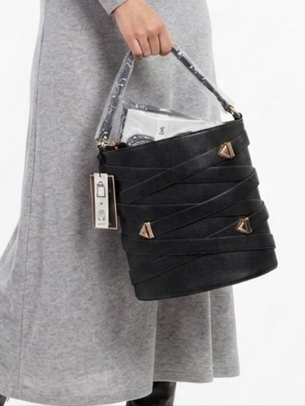 Diophy Black Bucket Bag with Gold Accents Includes Wallet And Long Strap